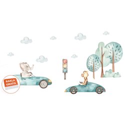 Naklejka na ścianę dla dzieci urocze pastelowe naklejki samochody zwierzątka drzewa chmurki pixitex