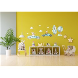 Naklejka na ścianę dla dzieci urocze pastelowe naklejki samochody zwierzątka drzewa chmurki pixitex