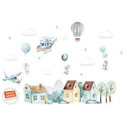 Naklejka na ścianę dla dzieci pastelowe naklejki domki samoloty balony samolot króliczki pixitex