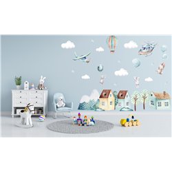 Naklejka na ścianę dla dzieci pastelowe naklejki domki samoloty balony samolot króliczki pixitex
