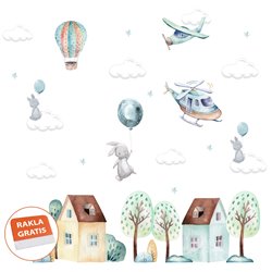 Naklejka na ścianę dla dzieci pastelowe naklejki króliczki balony balon samoloty samolot domki pixitex