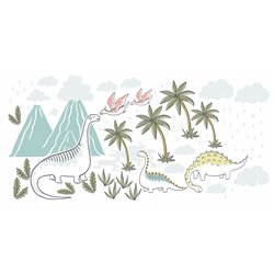 Naklejka na ścianę dla dzieci pastelowe naklejki dinozaury dinozaur dino wulkan palmy drzewa chmurki pixitex