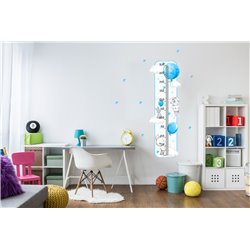 Naklejka na ścianę dla dzieci urocze pastelowe naklejki króliczki balony niebieskie błękitne gwiazdki miarka wzrostu studio