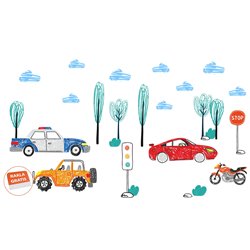 Naklejka na ścianę dla dzieci samochody drzewa znaki drogowe chmurki motocykl pixitex
