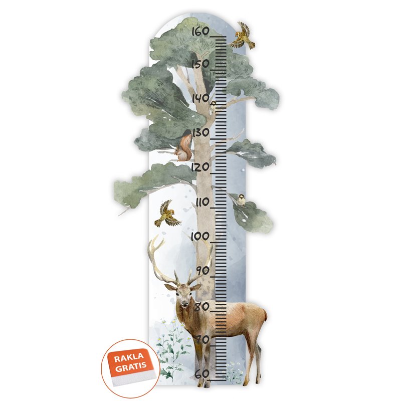 Naklejka na ścianę dla dzieci jeleń drzewa ptaki miarka wzrostu las zwierzątka pixitex