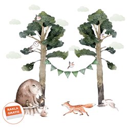 Naklejka na ścianę dla dzieci las drzewa zwierzątka leśne niedźwiedź sowa lis zając chmurki pixitex
