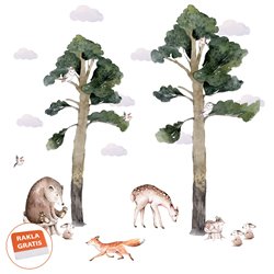 Naklejka na ścianę dla dzieci zwierzątka leśne las drzewa chmurki lis sarenka niedźwiedź pixitex