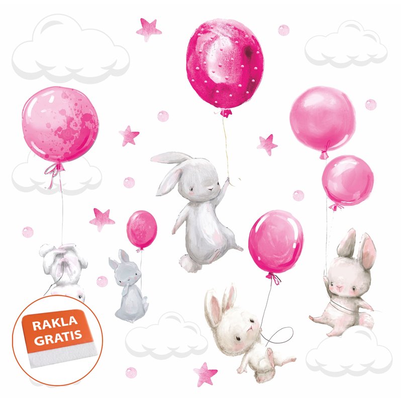 Naklejka na ścianę dla dzieci urocze kolorowe króliki króliczki z balonami chmurki gwiazdki pixitex