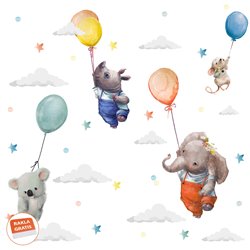 Naklejka na ścianę dla dzieci urocze pastelowe naklejki zwierzątka z balonami chmurki pixitex