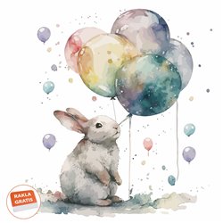 Naklejki na ścianę dla dzieci królik zajączek króliczek z tęczowymi kolorowymi balonami pixitex