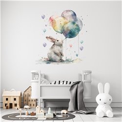 Naklejki na ścianę dla dzieci królik zajączek króliczek z tęczowymi kolorowymi balonami pixitex