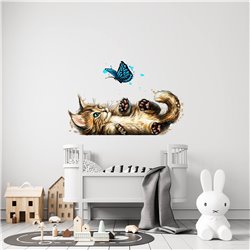 Naklejka na ścianę dla dzieci kotek motylek kot bawiący się z motylkiem naklejki dla dziewczynek dla chłopców pixitex