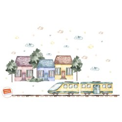 Naklejka na ścianę dla dzieci tory pociąg domki miasteczko chmurki naklejki pastelowe pixitex
