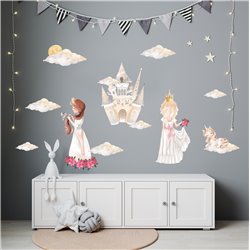 Naklejka na ścianę dla dzieci naklejki dla dziewczynek księżniczki zamek jednorożec chmurki kwiaty pixitex