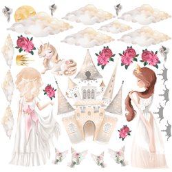 Naklejka na ścianę dla dzieci naklejki dla dziewczynek księżniczki zamek jednorożec chmurki kwiaty pixitex