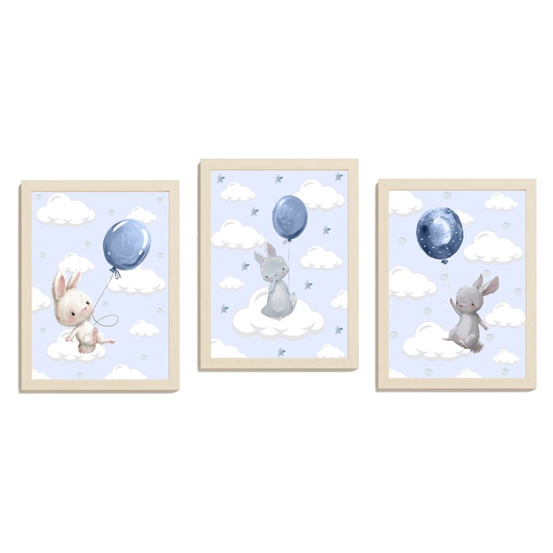 Zestaw 3 obrazków plakatów dla dzieci plakaty plakat grafika grafiki słodkie pastelowe króliczki balony pixitex
