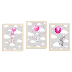 Zestaw 3 obrazków plakatów dla dzieci plakaty plakat grafika grafiki słodkie pastelowe różowe króliczki balony pixitex