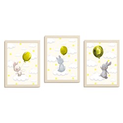 Zestaw 3 obrazków plakatów dla dzieci plakaty plakat grafika grafiki słodkie pastelowe żółte króliczki balony pixitex