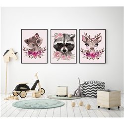Zestaw 3 obrazków plakatów dla dzieci  plakat grafika słodkie pastelowe zwierzątka kwiaty kwiatki pixitex