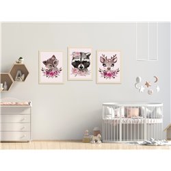 Zestaw 3 obrazków plakatów dla dzieci  plakat grafika słodkie pastelowe zwierzątka kwiaty kwiatki studiograf
