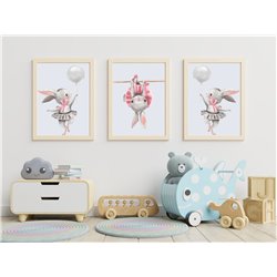 Zestaw 3 obrazków plakatów dla dzieci  plakat grafika słodkie pastelowe różowe baletnice króliczki balony pixitex