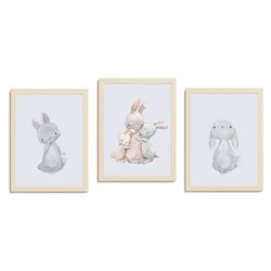 Zestaw 3 obrazków plakatów dla dzieci plakaty plakat grafika grafiki słodkie pastelowe króliczki króliki pixitex