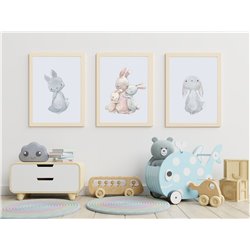 Zestaw 3 obrazków plakatów dla dzieci plakaty plakat grafika grafiki słodkie pastelowe króliczki króliki pixitex