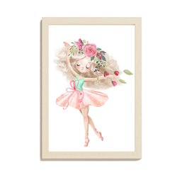 Plakat grafika obrazek dla dzieci baletnica urocza pastelowa dziewczynka kwiaty liście pixitex