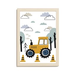 Plakat grafika obrazek dla dzieci plakaty traktor chmurki drzewa maszyny budowa las pixitex