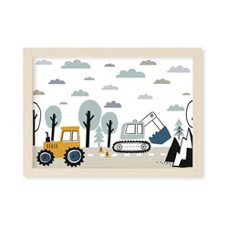 Plakat grafika obrazek dla dzieci maszyny koparki budowa traktor koparka chmurki drzewa pixitex