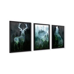 Zestaw plakatów obrazków grafik skandynawski las we mgle nowoczesne plakaty wilk jeleń pixitex