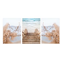 Zestaw 3 plakatów obrazków grafik morze krzewy plaża piasek woda boho trawy pixitex