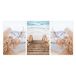 Zestaw 3 plakatów obrazków grafik morze krzewy plaża piasek woda boho trawy pixitex