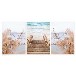 Zestaw 3 plakatów obrazków grafik morze krzewy plaża piasek woda boho trawy studiograf