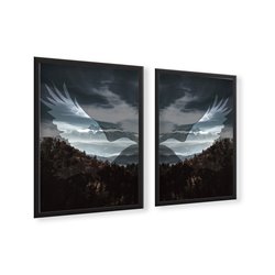 Zestaw 2 plakatów obrazków grafik nowoczesny plakat skandynawski las góry ptaki kruki pixitex
