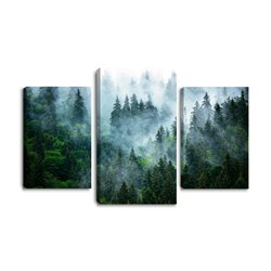 Obraz na płótnie canvas tryptyk potrójny obraz nowoczesny las we mgle mgła góry pejzaż krajobraz pixitex