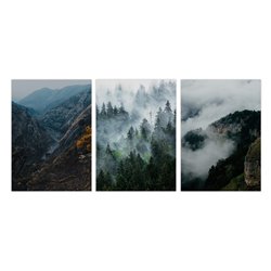 Zestaw 3 plakatów obrazków grafik poster postery las mgła góry krajobrazy studiograf