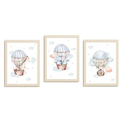 Zestaw 3 obrazków plakatów dla dzieci postery dziecięce zwierzątka balony chmurki pastelowe pixitex