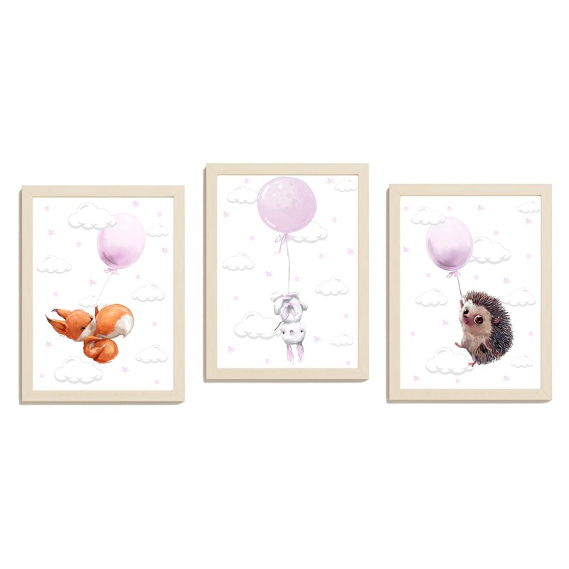 Zestaw 3 obrazków plakatów dla dzieci pastelowe postery zwierzątka z balonami jeżyk królik wiewiórka pixitex
