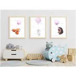 Zestaw 3 obrazków plakatów dla dzieci pastelowe postery zwierzątka z balonami jeżyk królik wiewiórka pixitex