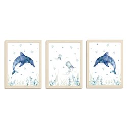 Zestaw 3 obrazków plakatów dla dzieci pastelowe postery ocean delfiny meduzy pixitex