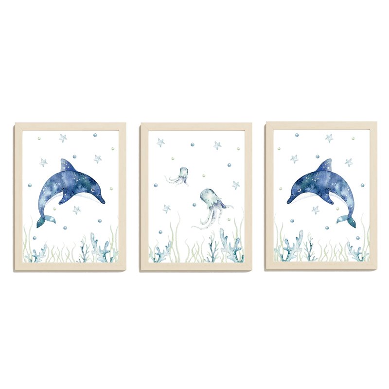 Zestaw 3 obrazków plakatów dla dzieci pastelowe postery ocean delfiny meduzy pixitex