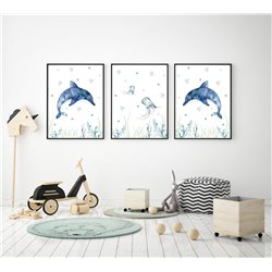 Zestaw 3 obrazków plakatów dla dzieci pastelowe postery ocean delfiny meduzy studiograf