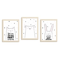 Zestaw 3 obrazków plakatów dla dzieci pastelowe postery królik kot hasła motywacyjne pixitex