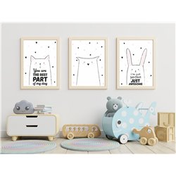 Zestaw 3 obrazków plakatów dla dzieci pastelowe postery królik kot hasła motywacyjne studiograf