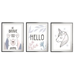 Zestaw 3 obrazków plakatów dla dzieci pastelowe grafiki jednorożec niedźwiedź kwiaty pixitex