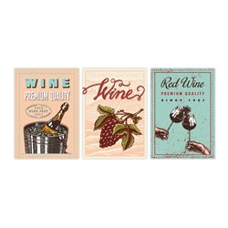 Zestaw 3 plakatów obrazków grafik retro postery wino wine winogrona plakat vintage pixitex