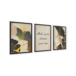 Zestaw 3 plakatów obrazków grafik złote kwiaty liście glamour dreams cytaty pixitex