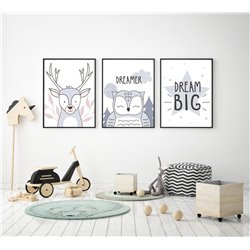 Zestaw 3 obrazków plakatów dla dzieci zwierzątka pastelowe plakaty sowa jeleń studiograf