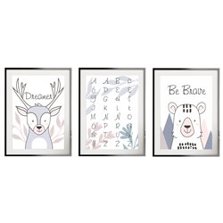 Zestaw 3 obrazków plakatów dla dzieci zwierzątka pastelowe kwiaty alfabet plakat edukacyjny pixitex